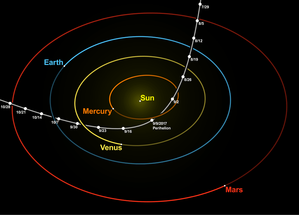 Hyperbolic trajectory of ?Oumuamua through the inner Solar System, with the Sun at the focus, showing its position every 7 days. The planet positions are fixed at the perihelion on September 9, 2017. Shown from a three-quarter perspective, roughly aligned to the plane of ?Oumuamua's path. Credit: Tomruen, CC BY-SA 4.0.