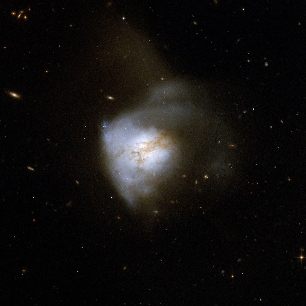 The Hubble Space Telescope captured this image of ARP 220 in 2016. The bright, bluish-white knots are newly-formed star clusters created by the merger. Image Credit: By NASA, ESA, the Hubble Heritage (STScI/AURA)-ESA/Hubble Collaboration, and A. Evans (University of Virginia, Charlottesville/NRAO/Stony Brook University)