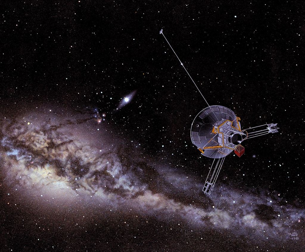 This artist's illustration shows Pioneer 11 on its way to interstellar space. NASA lost contact with the probe in 1995, but they expect it's still travelling at 40,260 km/h (25,010 mph.) It won't come close to another star for more than 900,000 years. Image Credit: By NASA/Don Davis - http://www.nasa.gov/centers/ames/news/2013/pioneer11-40-years.html, Public Domain, https://commons.wikimedia.org/w/index.php?curid=25464775