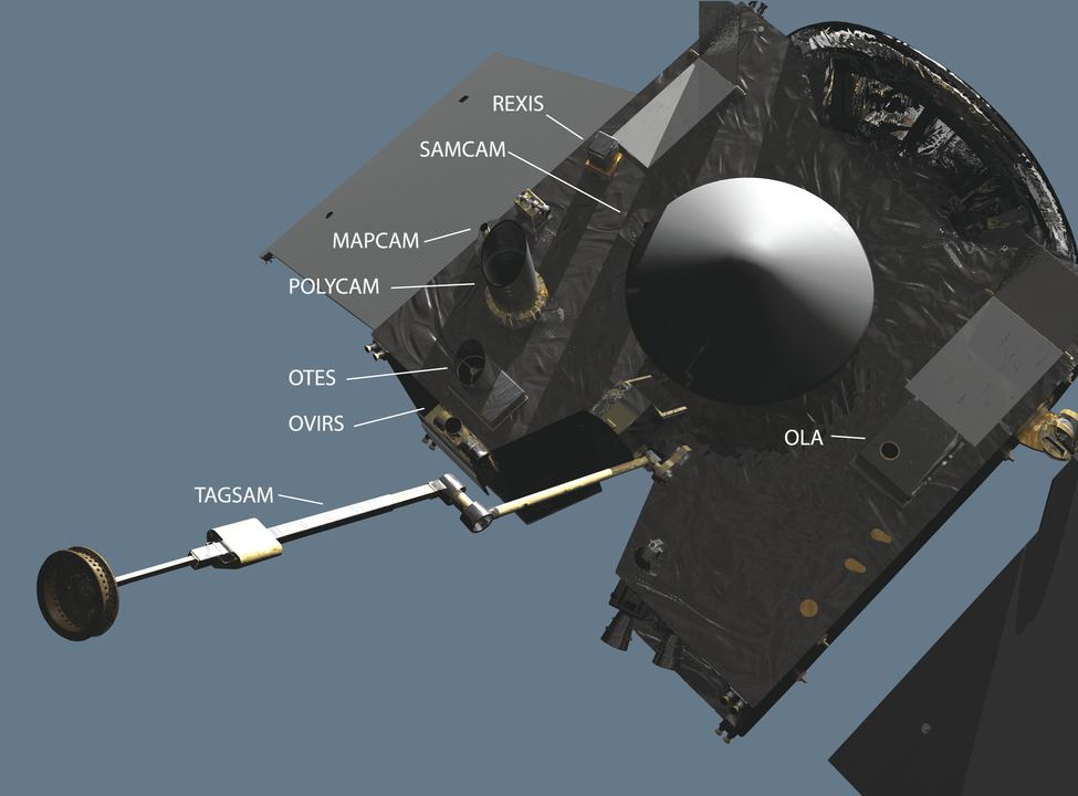 The OSIRIS-REx instrument deck. The PolyCam imager is an 8-inch telescope. Image Credit: By NASA/University of Arizona - http://www.asteroidmission.org/galleries/#graphics (image link), Public Domain, https://commons.wikimedia.org/w/index.php?curid=52203041