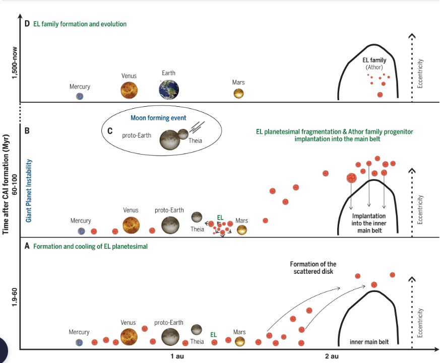 This schematic from the research shows what the researchers think happened. Red circles are planetesimals (and their fragments) from the terrestrial planet region. The black solid curves roughly denote the boundary of the current asteroid inner main belt. Eccentricity increases from bottom to top.
A shows the formation and cooling of the EL parent planetesimal in the terrestrial planet region before 60 Myr after Solar System formation. In this period, the terrestrial planets began scattering planetesimals to orbits with high eccentricity and semimajor axes corresponding to the asteroid main belt. B shows that between 60 and 100 Myr, the EL planetesimal was destroyed by an impact in the terrestrial planet region. At least one fragment (the Athor family progenitor) was scattered by the terrestrial planets into the scattered disk, as in (A). Then the giant planet instability implanted it into the inner main belt by decreasing its eccentricity. C shows that a few tens of millions of years after the giant planet instability occurred, a giant impact between the planetary embryo Theia and proto-Earth formed the Moon. D shows that the Athor family progenitor experienced another impact event that formed the Athor family at ~1500 Myr. Image Credit: Avdellidou et al. 2024.