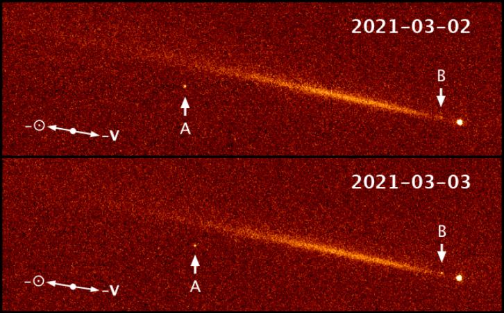 This Hubble Wide-Field Camera 3 image shows two 20m diameter fragments coming from Comet 323P/SOHO, marked A and B. Image Credit: Hui et al. 2022.