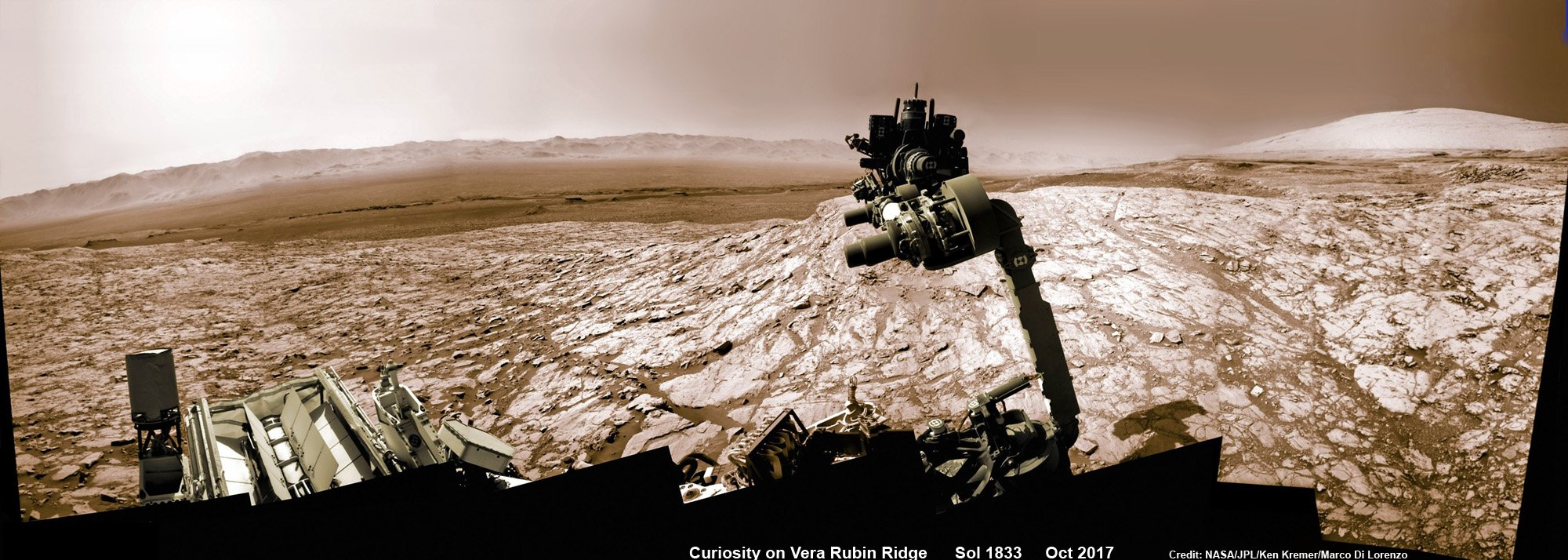 Sky Pointing Curiosity Captures Breathtaking Vista of Mount Sharp and Crater Rim, Climbs Vera Rubin Seeking Hydrated Martian Minerals