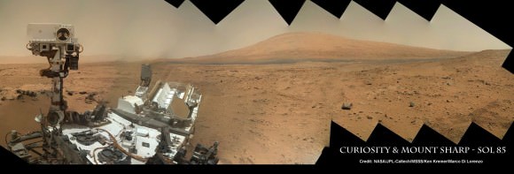 The ultimate Selfie - a self-protrait taken on anoher planet. This is the capability of the Mars Hand Lens Imager (MAHLI) camera, one of 5 instruments on the turret at the end of the 2.1 meter (7 ft), 30 kg (66 lb) Robotic Arm. On numerous occasions, Curiosity has taken self-portraits, many as mosaics. This on is on Sol (Mars day) 85, post landing, showing Curiosity with its destination - Aeolis Mons (Mt. Sharp) in the background. (Credit: NASA/JPL-Caltech/MSSS/Ken Kremer/Marco Di Lorenzo,