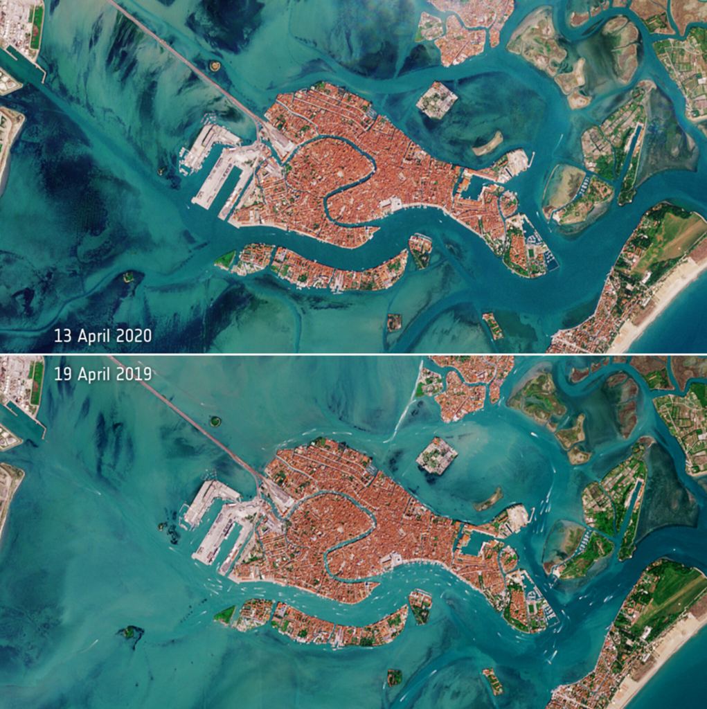 <Click to enlarge.> The waterways in Venice during Easter weekend 2020 are empty, compared to the same region one year ago. Image Credit: contains modified Copernicus Sentinel data (2019-20), processed by ESA, CC BY-SA 3.0 IGO