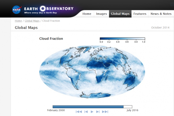 The observations collected by GLOBE users could end up as part of NASA's Earth Observatory, which tracks the cloud fraction around the world. Image: NASA/NASA Earth Observation.