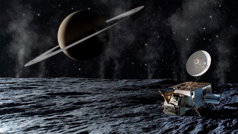 Artist's impression of the conceptual Enceladus Orbilander spacecraft on Enceladus' surface. Credit: Johns Hopkins APL