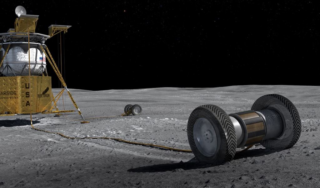 FARSIDE concept showing the roll out of an antenna array onto the lunar surface. Antennas and driving electronics are integrated into four 12-km tether rolls, which provide power and communication to both antenna nodes and deployment rovers. Credits: XP4D, NASA JPL, and Blue Origin