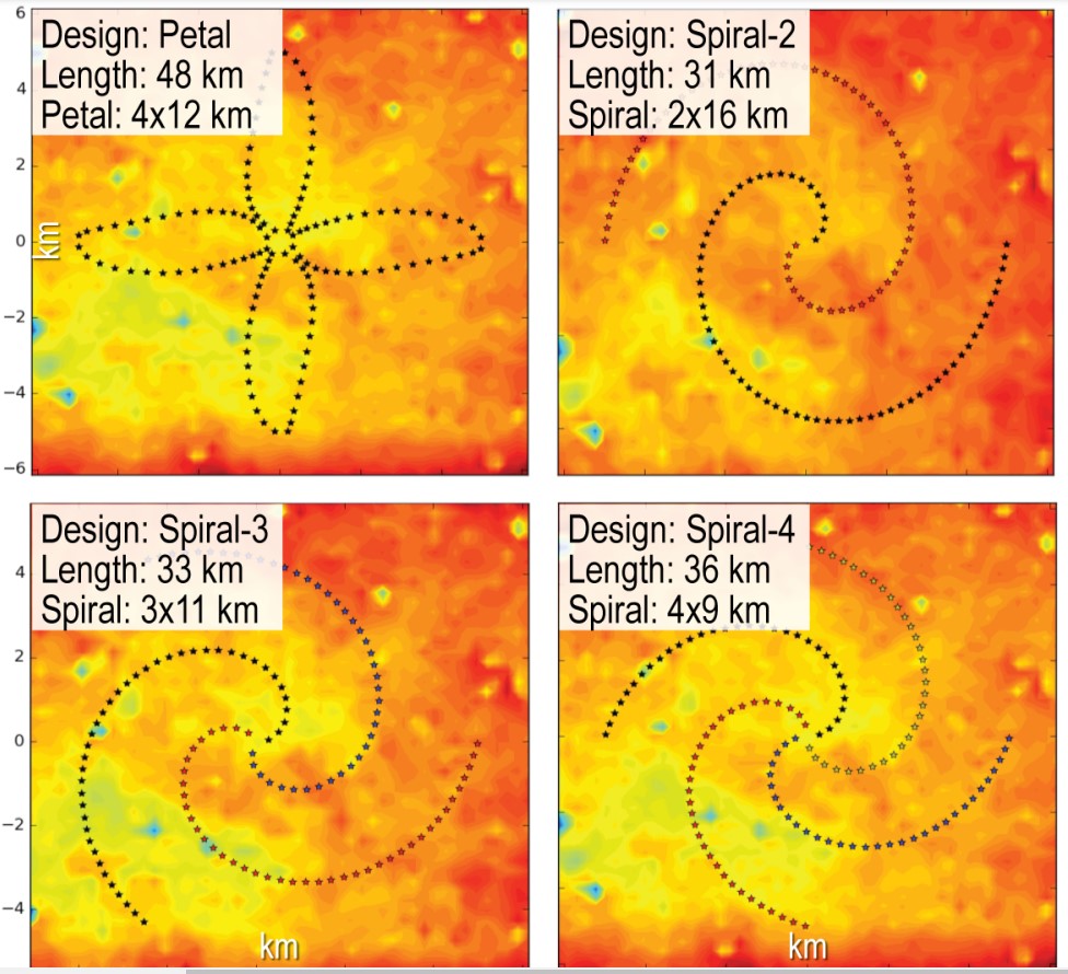 Analysis was performed on four layout topologies overlaid on an elevation model of the lunar surface. Credit: McGary, Hallinan et al.