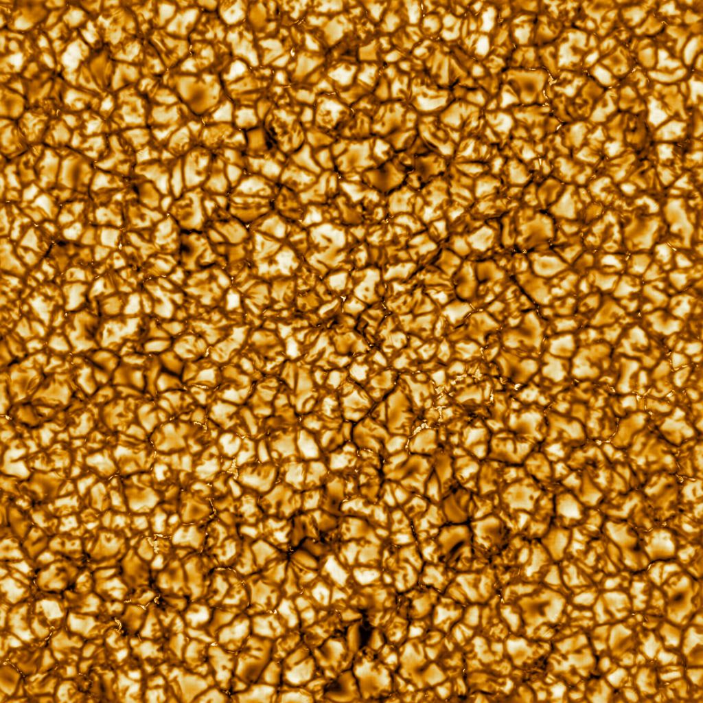 This image of granulation in the solar photosphere is produced by the Daniel K. Inouye solar telescope. Each cell-like structure transports heat from the interior of the Sun to the surface. Between them are dark lanes that show markers of magnetic fields like the ones Parker probed in its search for the origins of the fast solar wind. Credit: NSO/AURA/NSF.