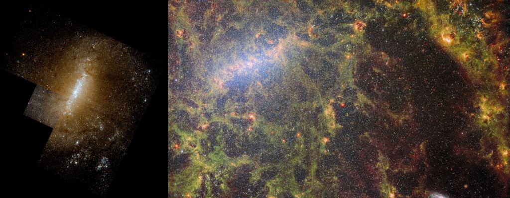 These two images show how powerful the JWST (R) is compared to the Hubble (L). Image Credit: (L) NASA/ESA - The Hubble Legacy Archive (HLA): Space Telescope Science Institute (STScI), the Space Telescope European Coordinating Facility (ST-ECF), and the Canadian Astronomy Data Centre (CADC) - zoranknez (Aladin software). (R) ESA/Webb, NASA & CSA, J. Lee and the PHANGS-JWST Team