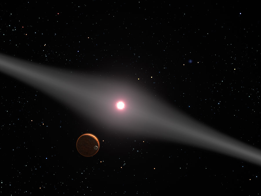 An artist's impression of the red dwarf star AU Microscopii (AU Mic.) it's losing some of 
 its atmosphere each time its star flares. Image Credit:  By NASA/ESA/G. Bacon (STScI) 