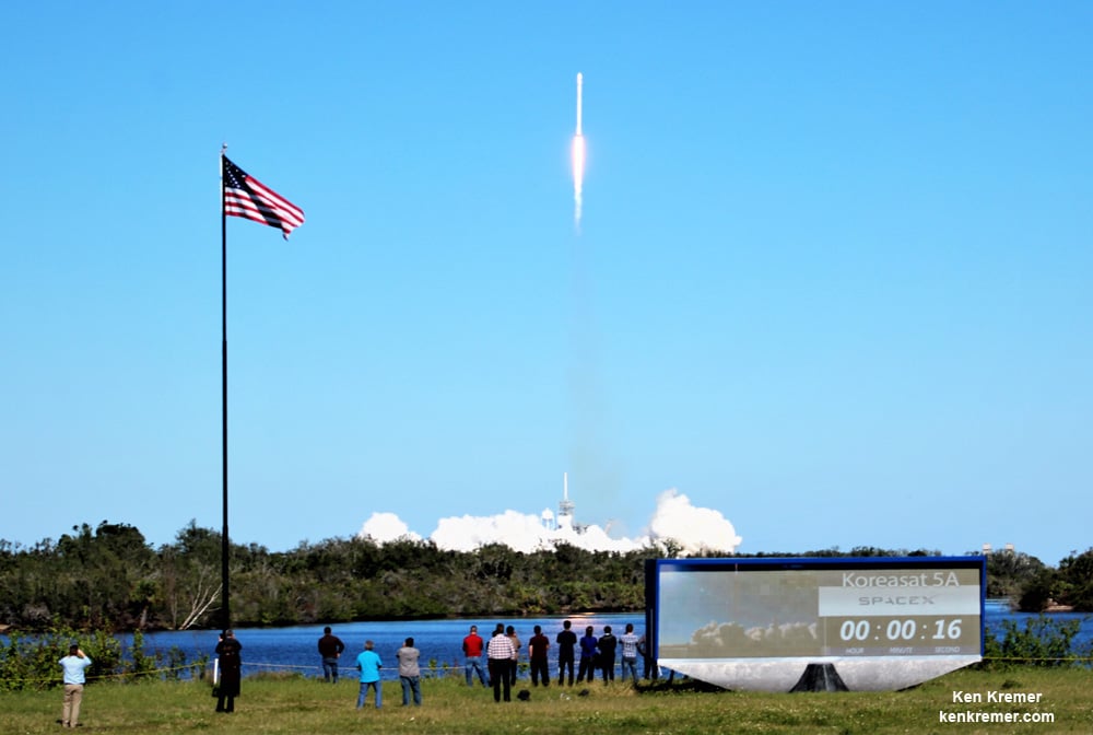 Spectacular SpaceX Falcon 9 KoreaSat Launch Lights Space Coast Sky with Halloween Eve Glow, Booster Lands at Sea