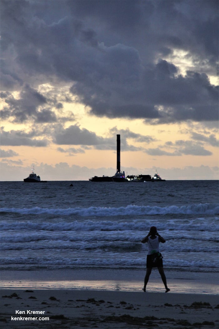 Twice Flown SpaceX Booster Sails Proudly into Port Canaveral at Sunrise 3 Days After Sunset Launch and Droneship Landing: Photos