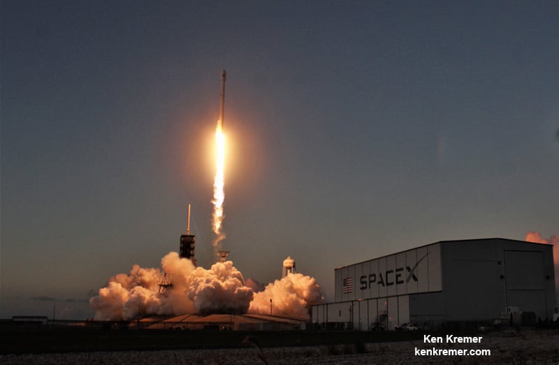 SpaceX Stages Stunning Sunset Blastoff as Recycled Falcon 9 Soars to Orbit with SES/EchoStar HDTV Sat; Booster Re-Lands at Sea