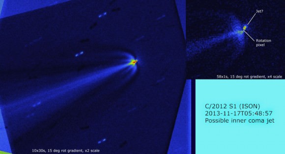 Processed images showing a possible jet next to Comet ISON' nucleus as well as the new wing-like coma structures on Nov. 17, 2013. The jet's position angle or PA is 150 degrees or southeast of the nucleus. Credit: Denis Buczynski and Nick James