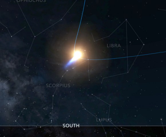 Comet ISON on perihelion day (Nov. 28) seen from the Upper Midwest, U.S. The sun and comet will be in Scorpius. Credit: INOVE