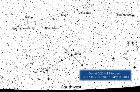 Map showing Comet Jacques starting April 16 when the moon is once again out of the evening sky. Positions are shown every 5 days through May 16. Created with Chris Mariott's SkyMap software