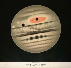 Drawing of Jupiter made on Nov. 1, 1880 by French artist and astronomer Etienne Trouvelot showing transiting moon shadows and a much larger Great Red Spot.
