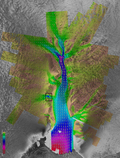This NASA image shows glacier velocities. Brown=50m per year, Green=250m, Blue=500m, Purple=1000m, and Red=up to 1200m per year. Image Credit: NASA, Public Domain, https://commons.wikimedia.org/w/index.php?curid=52852432