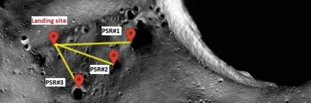 An image from the PHILIP study, showing the mission's landing site, and three PSR's, Permanently Shadowed Regions, between de Gerlache and Shackleton craters. The edge of Shackleton Crater is the dark area on the right. Image Credit: ESA/Leonardo