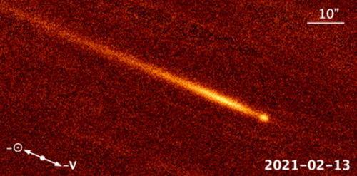 The Lowell Discovery Telescope captured this image of comet 323P/SOHO in February 2021. The debris tail is clearly visible. Image Credit: Hui et al. 2022.