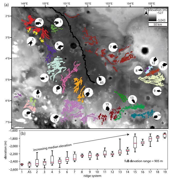 This figure from the study shows how the authors grouped Aeolis Dorsa's fluvial ridges into 20 networks. The networks are numbered in order of increasing median elevation of ridge tops, with 19 being the highest.