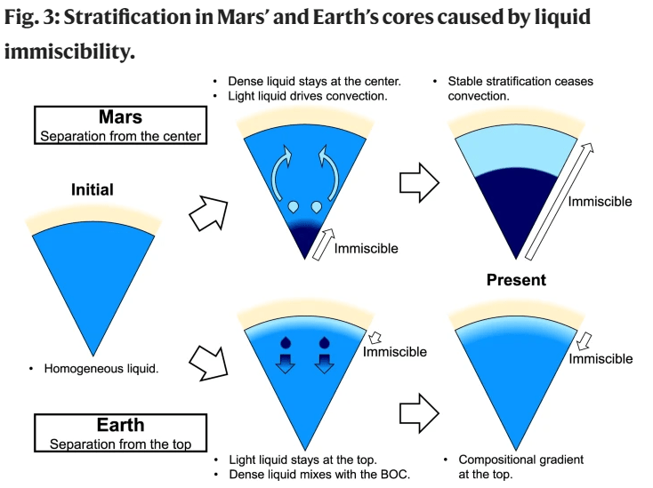 This figure from the paper shows how Mars' core and Earth's core started out similarly, then changed over time. The Martian core became immiscible from the center out, leading to stratification and cessation of convection. Without convection, there's no magnetic shield. Earth's core is different, and our planet still has a magnetic shield. Image Credit: Yokoo et al. 2022.