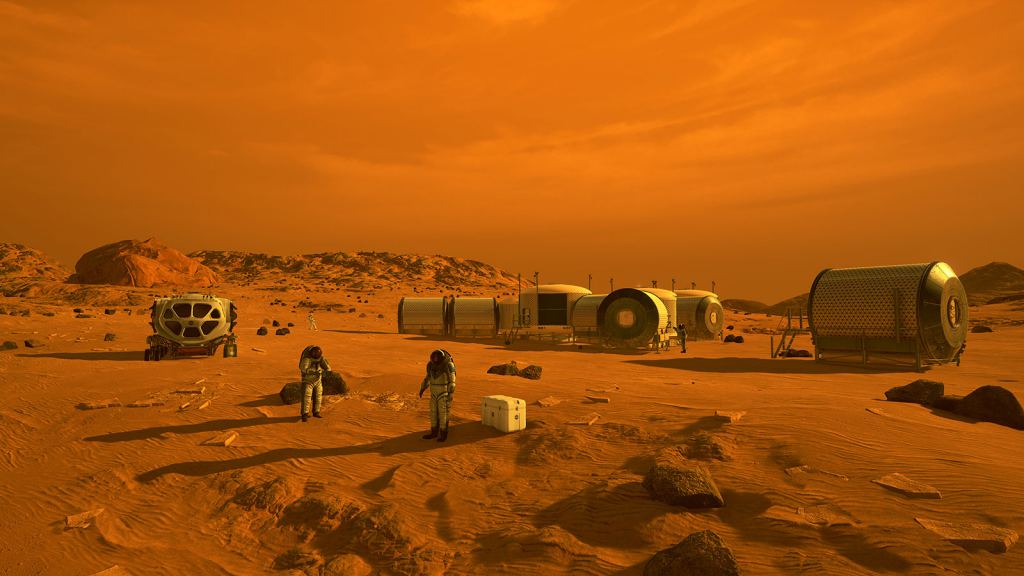 An artist's concept of Mars explorers and their habitat on the Red Planet. Courtesy NASA.