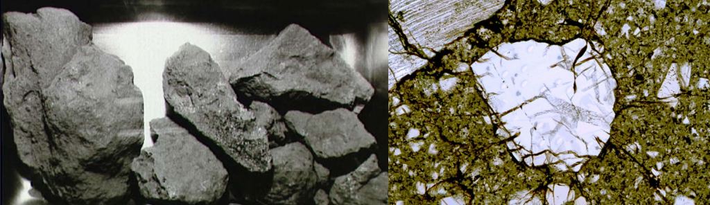 The image on the left shows some of the rocks returned to Earth by Apollo. On the right is a microscopic image of a zircon crystal used to date events billions of years ago. Image Credit: (L) NASA. (R) Apollo 17 / Nicholas E. Timms.