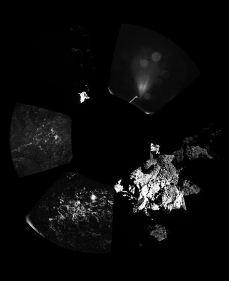 First panorama sent by Philae from the surface of the comet. At upper right we see the reflection of the Sun and the top of the CONSERT instrument antenna. Credit: ESA