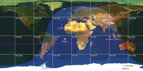 The regions where Rosetta will be visible to observers from the ground. Image Credit: ESA