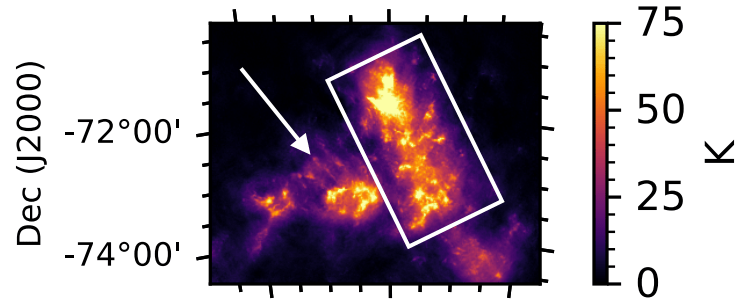 This figure from the study highlights some of the previously unseen small-scale structures in the SMC. The white arrow points to a complex network of discrete linear plumes that are about 0,5 kpc in length and extend towards the LMC. Image Credit: Pingel et al 2021.