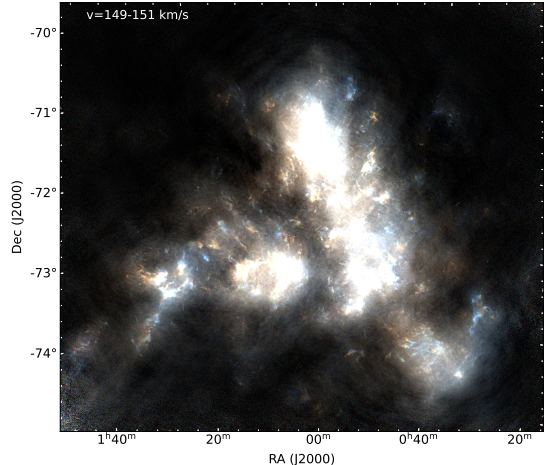This velocity channel image from the study gives us another look at the neutral hydrogen in the Small Magellanic Cloud. The velocity range in this image is 149 to 151 km/s in terms of the Local Standard of Rest (LSR.) The image also shows the discrete linear plumes of H1 flowing from the SMC to the LMC. Image Credit: Pingel et al 2021.