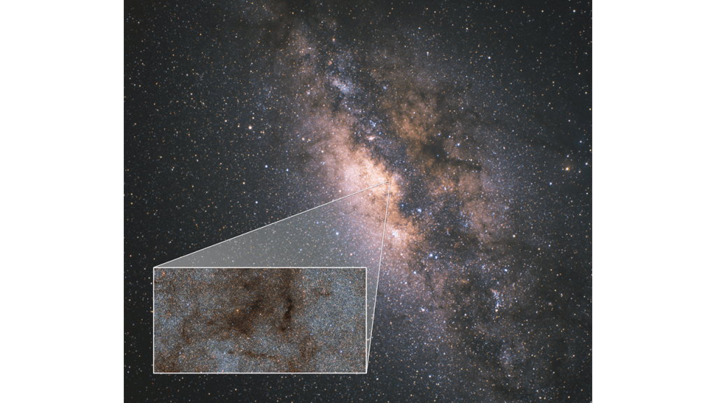 This image shows a wide-field view of the center of the Milky Way with a pull-out image taken by the Dark Energy Camera (DECam) at the Cerro-Tololo Inter-American Observatory in Chile. While the Milky Way photo spans 71 degrees of the sky, the DECam image covers 0.5 by 0.25 degrees (an area about twice as wide as the full Moon).
CREDITS: Milky Way photo: Akira Fujii; Inset photo: CTIO/NOIRLab/NSF/AURA/STScI, W. Clarkson (UM-Dearborn), C. Johnson (STScI), and M. Rich (UCLA)