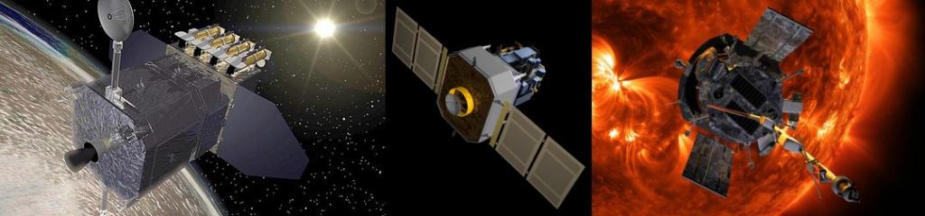 The Solar Dynamics Observatory (l), the Solar and Heliospheric Observatory (m) and the Parker Solar Probe (r.) Image Credits: Left: NASA. Middle: By Cgruda - http://sohowww.nascom.nasa.gov/gallery/images/SOHOLower2.htmlFile:SOHO nasa.tif, Public Domain, https://commons.wikimedia.org/w/index.php?curid=28983655. Right: NASA