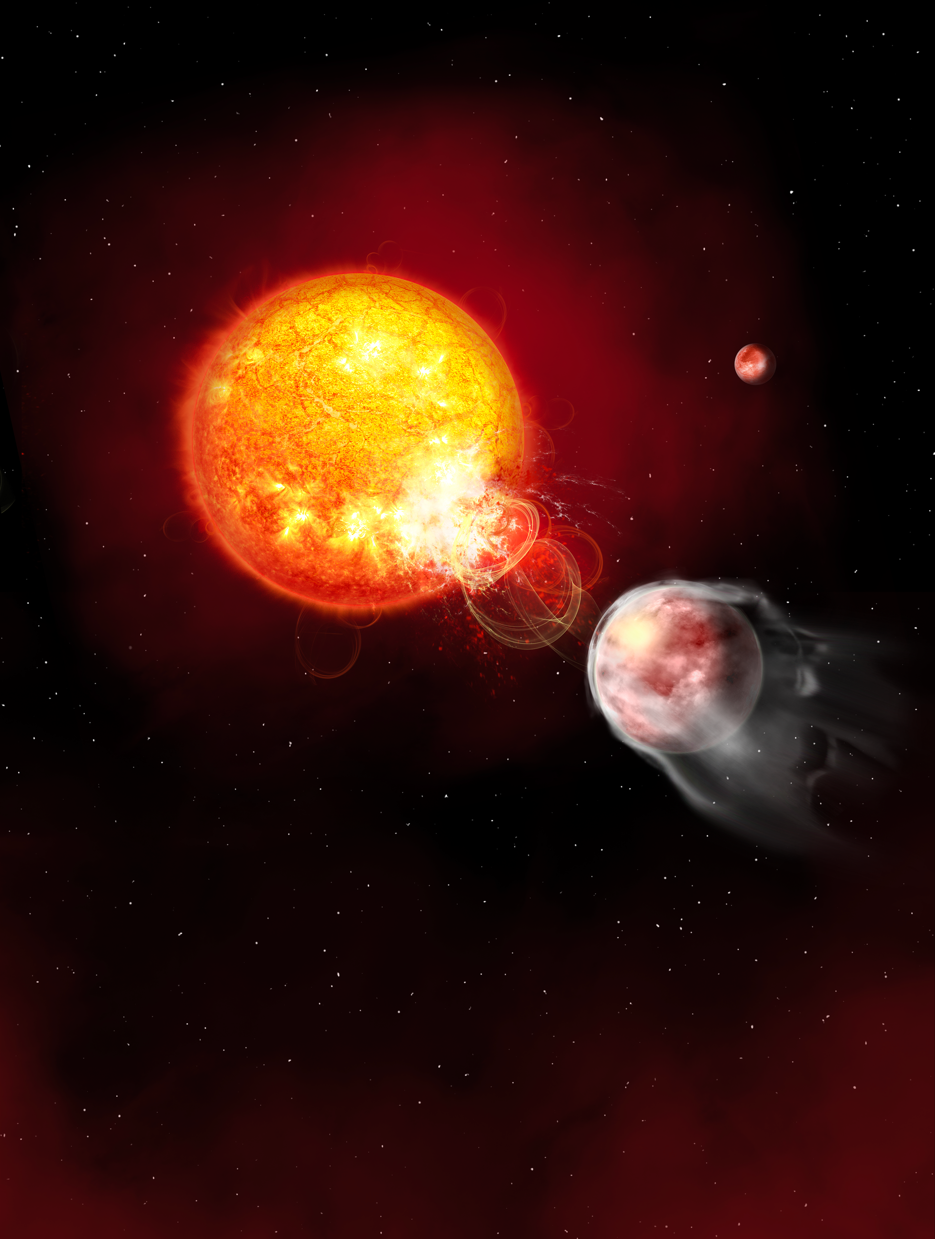 Flares inflicted on the host star by the magnetic interaction with the exoplanet are slowing eroding away the planet's atmosphere. Credit: Janine Fohlmeister (Leibniz Institute for Astrophysics Potsdam)