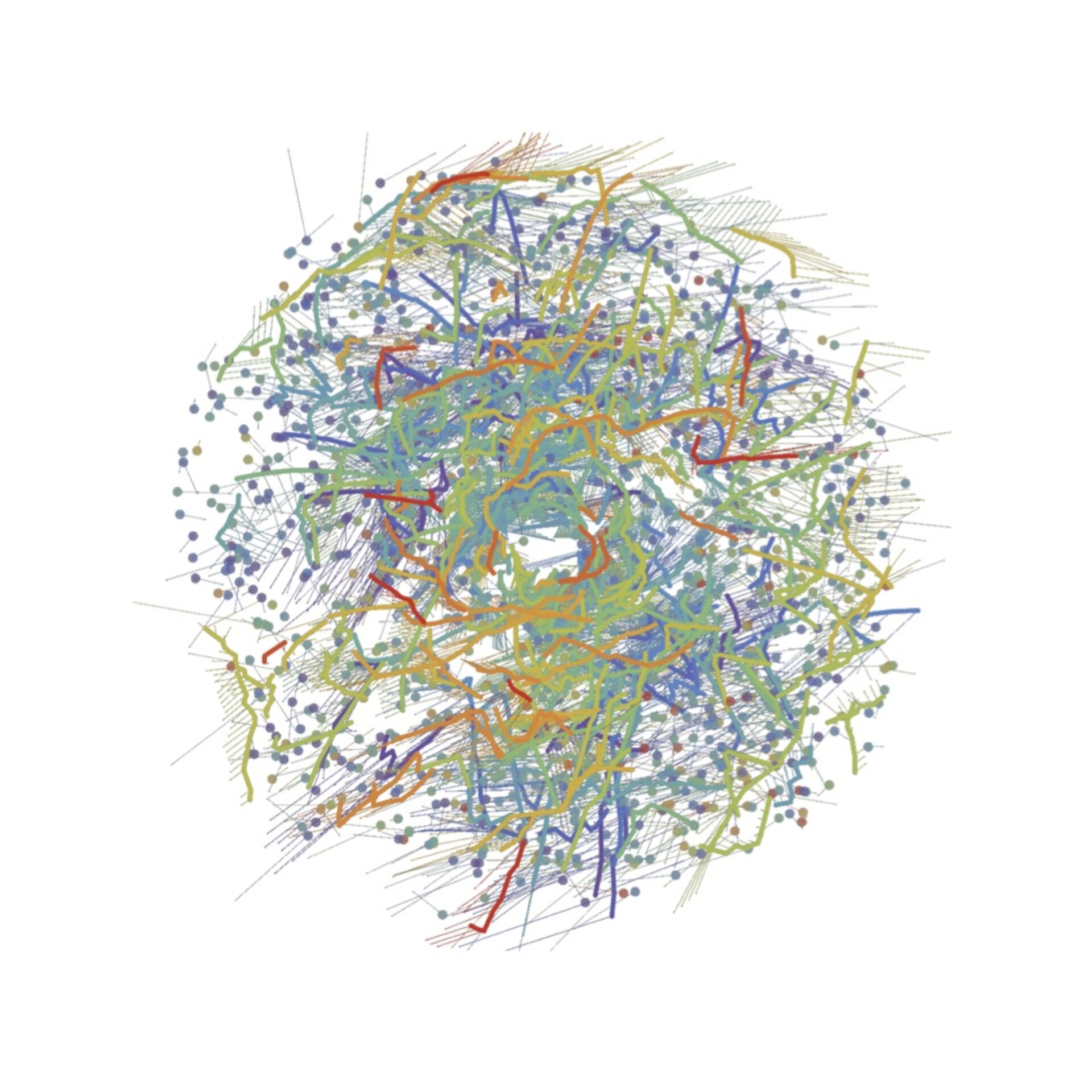 This diagram shows a face-on view of stellar ‘families’ – clusters (dots) and co-moving groups (thick lines) of stars – within about 3000 light-years from the Sun, which is located at the centre of the image. The diagram is based on data from the second data release of ESA’s Gaia mission. Each family is identified with a different colour and comprises a population of stars that formed at the same time. Purple hues represent the oldest stellar populations, which formed around 1 billion years ago; blue and green hues represent intermediate ages, with stars that formed hundreds of millions of years ago; orange and red hues show the youngest stellar populations, which formed less than a hundred million years ago. Thin lines show the predicted velocities of each group of stars over the next 5 million years, based on Gaia’s measurements. The lack of structures at the centre is an artefact of the method used to trace individual populations, not due to a physical bubble. Courtesy of M. Kounkel & K. Covey (2019)
