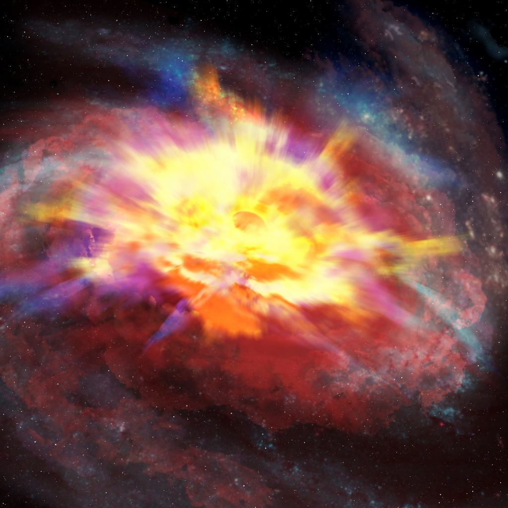 An artist's concept of the quasar SDSS J135246.37+423923.5. It pushes thick winds out from the core. Could its windy disposition stem have similar origins as the winds flowing out from the neutron star in Hercules X-1? Gemini Observatory looked at this in infrared light, which allowed astronomers to measure the velocity of the windy outflow at almost 13% of the speed of light. Credit: International Gemini Observatory/NOIRLab/NSF/AURA/P. Marenfeld