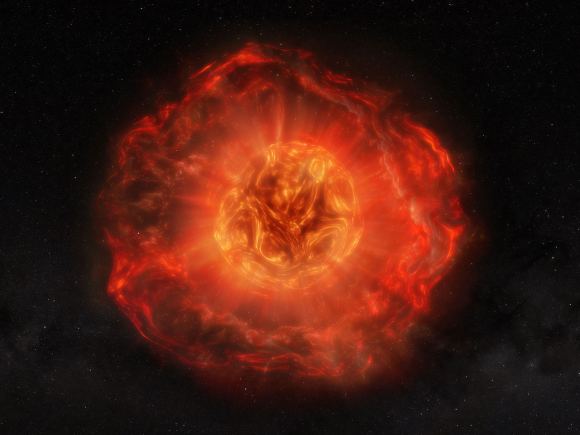 Artist's conception of pre-explosion mass loss by the progenitor star of SN 2023ixf. In the year prior to going supernova the red supergiant star now known as SN 2023ixf shed an unexpected amount of mass equivalent to the mass of the Sun. This artist's conception illustrates what the final stages of mass loss might have looked like before the star exploded.
Credit: Melissa Weiss/CfA
