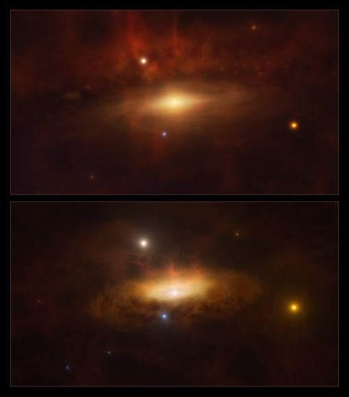 This artist’s impression shows two stages in the formation of a disc of gas and dust around the massive black hole at the centre of the galaxy SDSS1335+0728. The core of this galaxy lit up in 2019 and keeps brightening today — the first time we observe a massive black hole become active in real time.
Credit: ESO/M. Kornmesser