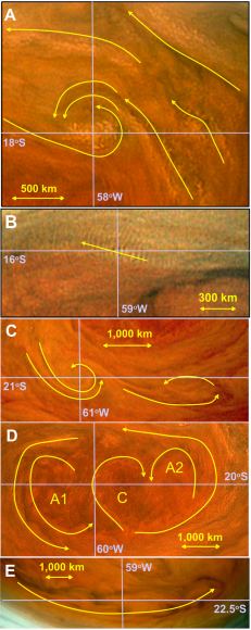 The study identifies five different morphological features in the Great Red Spot. From top to bottom: compact cloud clusters, mesoscale waves, spiraling vortices, the central turbulent nucleus, and large dark thin filaments. Image: American Astronomical Society/Sanchez-Lavega et al.