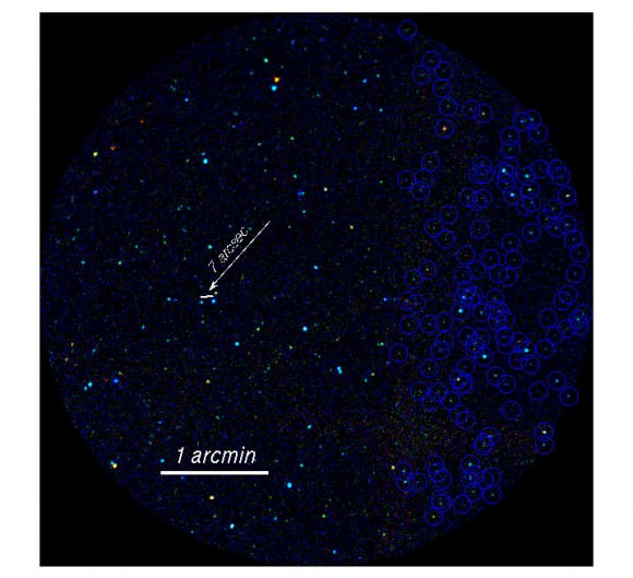 The plane of the Milky Way, recorded with the Chandra satellite in three colours: Photons with energies between 0.5 and 1keV appear red, those between 1 and 3keV green, and those between 3 and 7keV blue. Discrete sources are indicated by circles.  Image: Mikhail Revnivtsev