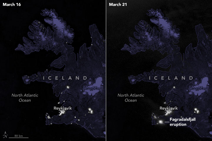 Seen From Space, Iceland's new Volcano Lights up the Island at Night