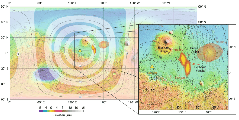 The yellow triangle marks InSight's location. The white bands show the range of epicentral distances, because the exact epicenters of most quakes aren't determined. Some epicenters are known, however, especially two of the strongest which were located in the Cerberus Fossae Region. Image Credit: Giardini et al; 2020